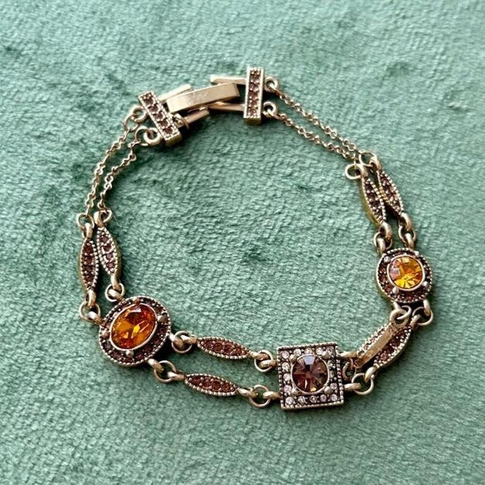Premier Designs Honey Amber Crystal Gold Tone Antique Inspired Bracelet